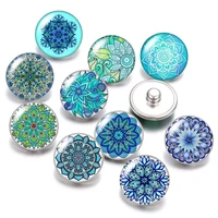db1015 water blue flower patterns 18mm snap buttons 10pcs mixed round photo glass cabochon style for snap button jewelry