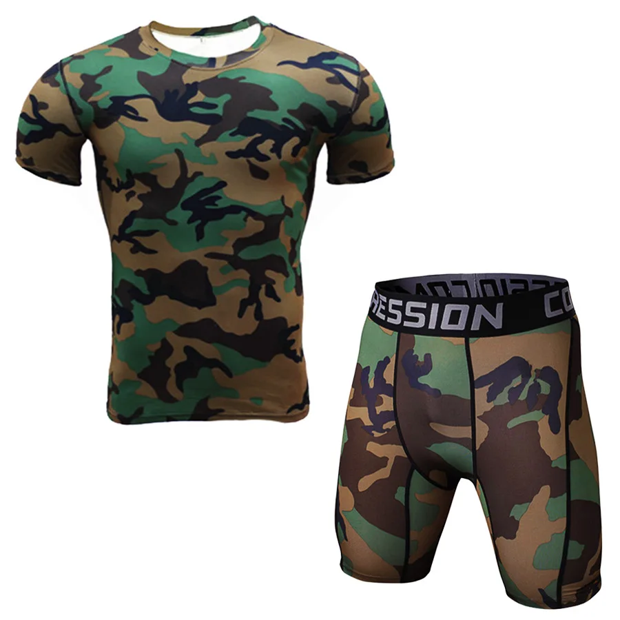 

Men's Camouflage Sports Suit Short-Sleeved T-Shirt + Shorts Tights Quick-Drying Sweat-Wicking Fitness Suit