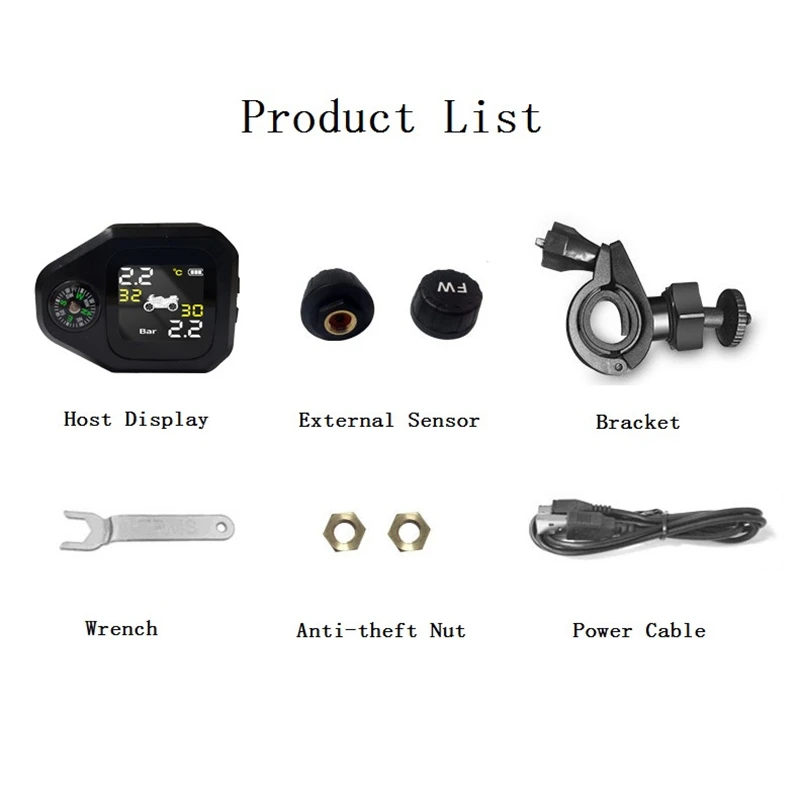 

USB Solar Charging Motorcycle TPMS with Compass Tire Pressure Temperature Monitor Alarm System with 2 External Sensors
