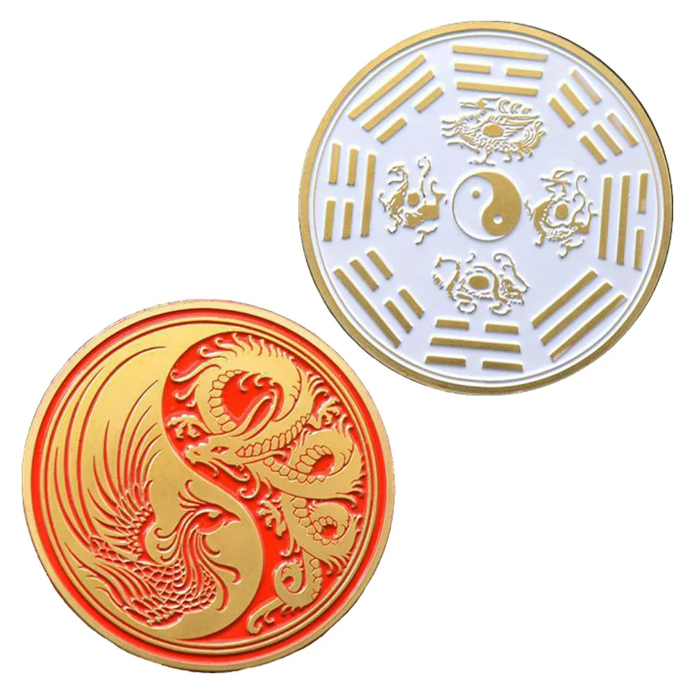 

Традиционный коллекционный подарок с драконом и Фениксом, позолоченная Коллекционная художественная памятная монета тайчи, украшения для ...