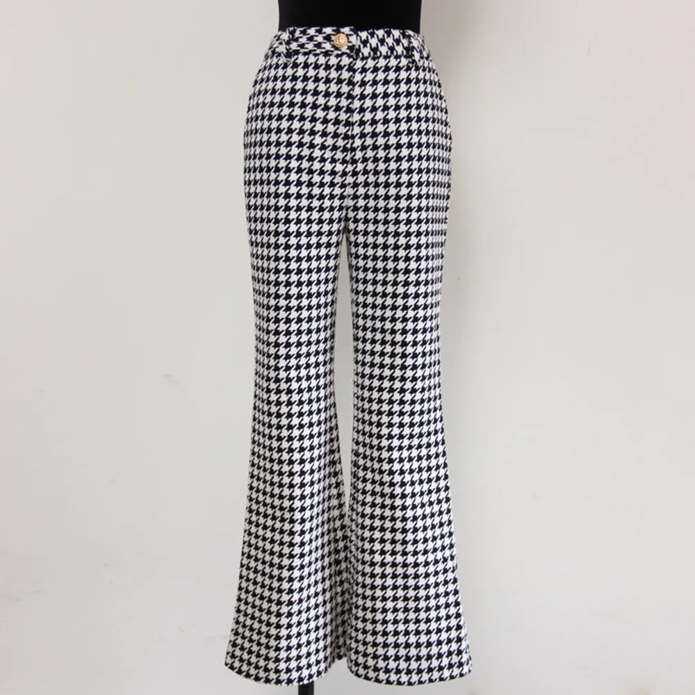 Autumn OL Style High-rise Plaid Tweed Pants Hot Fashion Women's Flare Pants B549