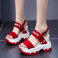 womens summer sandals platform shoes 2021 new summer fish toe red female high heels wedges sandals fashion hook loop shoes