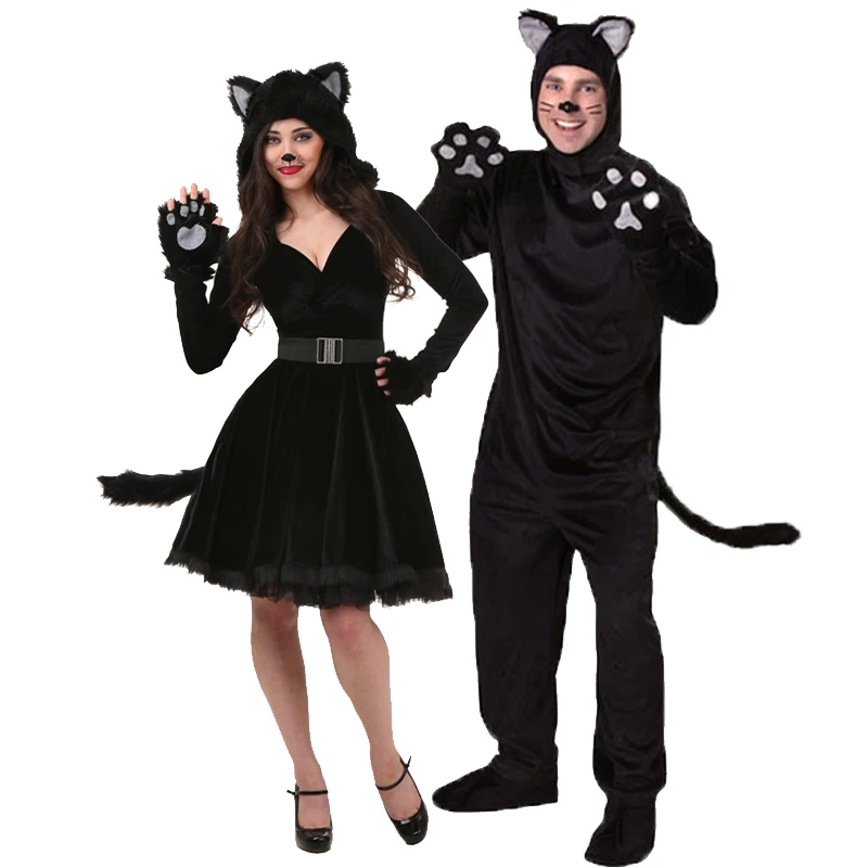 

Halloween Couple Dress Black Cat Demon Costume Animal Mascot Jumpsuit Flannel Cosplay Carnival Performance Fancy Party Dress