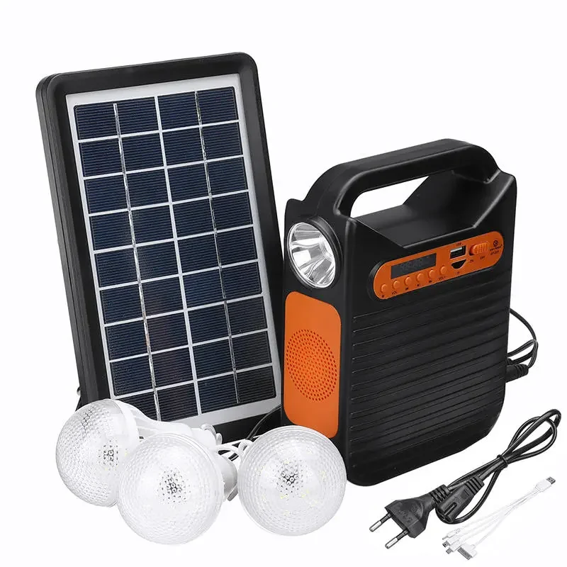 25W Solar Powered System Emergency DC Light Kit Generator FM Radio Audio USB Card Power Generation with Panel