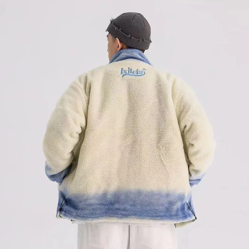 Aolamegs Lambswool Parkas Jacket Men Embroidery Gradient Print Zipper Coat Winter Warm Fashion Hip Hop Cotton Padded Outwear Men