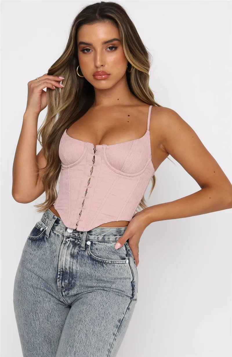 

Sexy Women Tube Corset Summer Crop Tops Boning Bustier Backless Camis Push Up Front Button Low Cut Tank Clubwear 2021