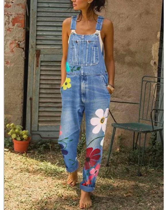 

Plus Size Denim Bib Overalls Women Printed Suspenders Jeans wide Leg Drop Crotch Trousers Baggy Jumsuits Hole cowboy pants