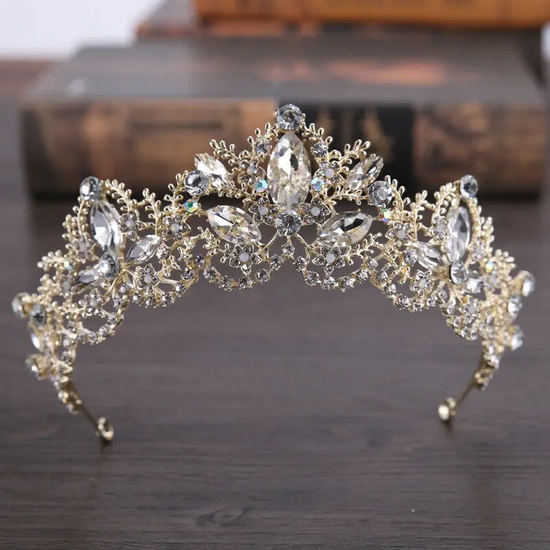 

Vintage Baroque Bridal Crown Gold Pearls Tiara For Queen Flower Hair Accessories Pins Head Women