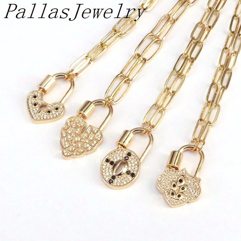 

5Pcs,Spring Jewelry Chic Dainty Cubic Zirconia CZ Micro Pave Carabiner Clasp Buckle Lock Pendant Paper Buckle Chain Necklace