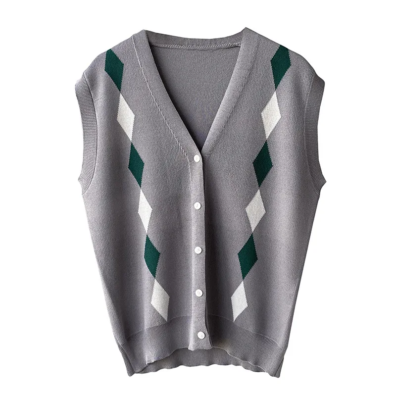 

2021 Spring Autumn V-neck Sleeveless Knitted Vest Women Oversized Vintage Female Sweater Waistcoat Chic Tops