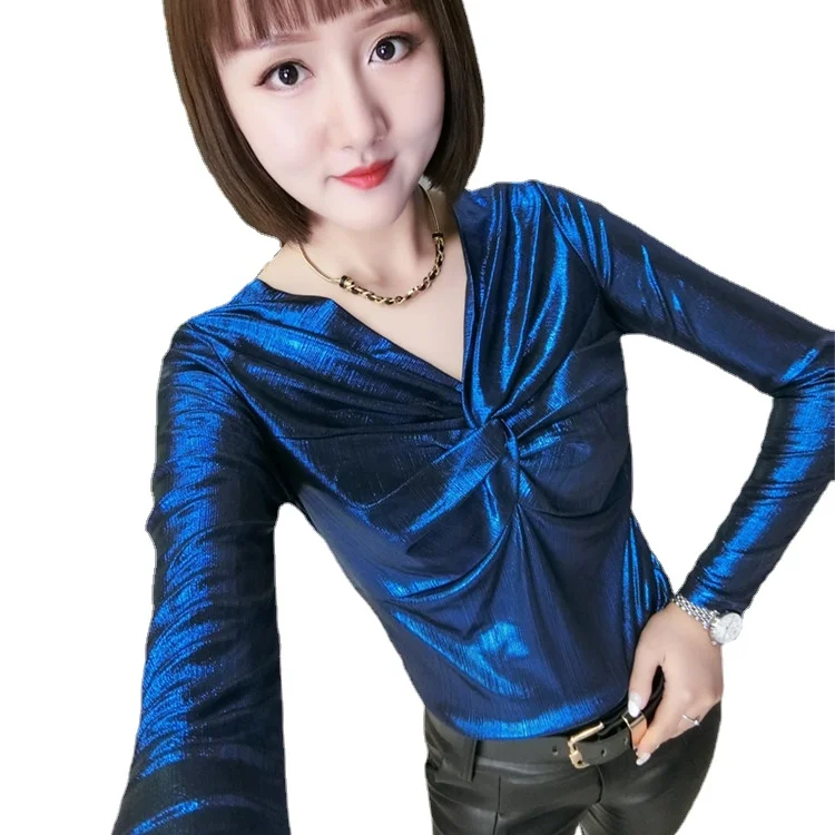 

Футболка женская Блестящая с длинным рукавом и металлическим блеском