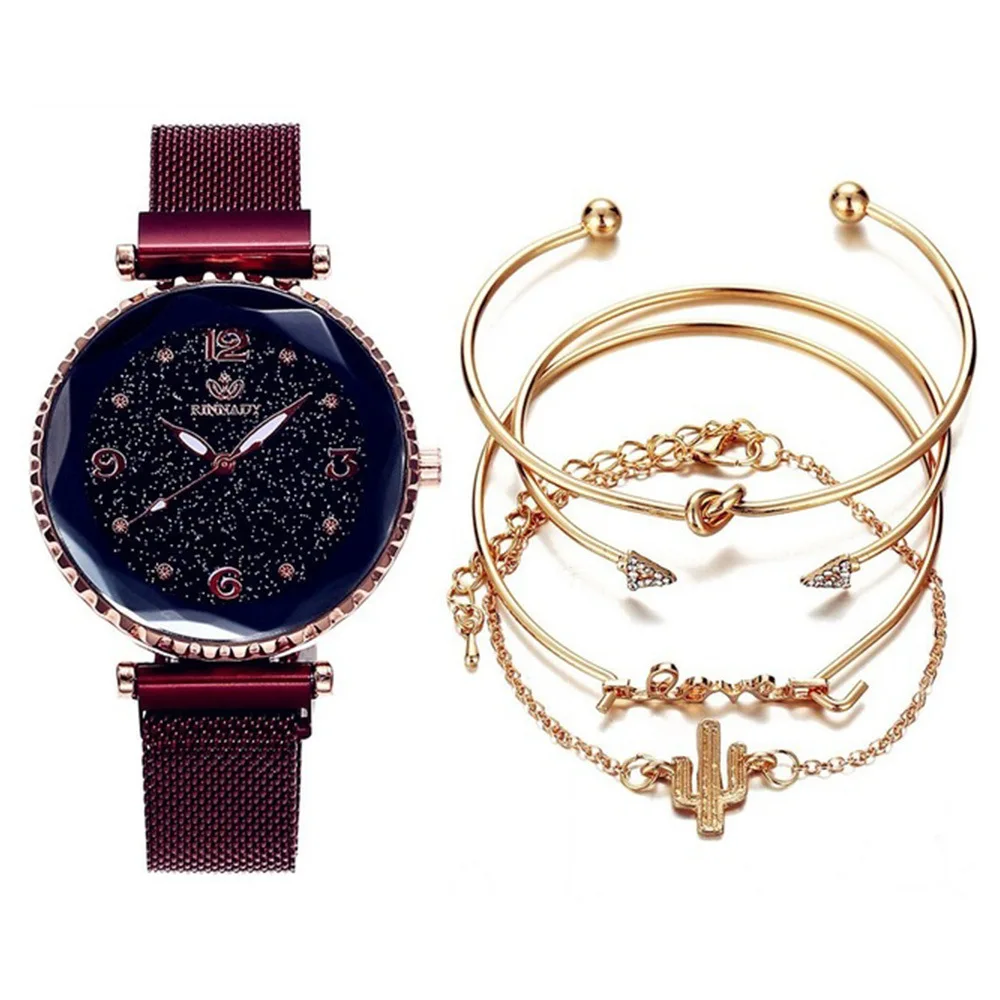 

SA SILVERAGE New Style 4pcs Bracelet 2020 Set 5 Pcs/Set Starry Watch Fashion Buckle Mesh Belt Quartz Watch + Bracelet