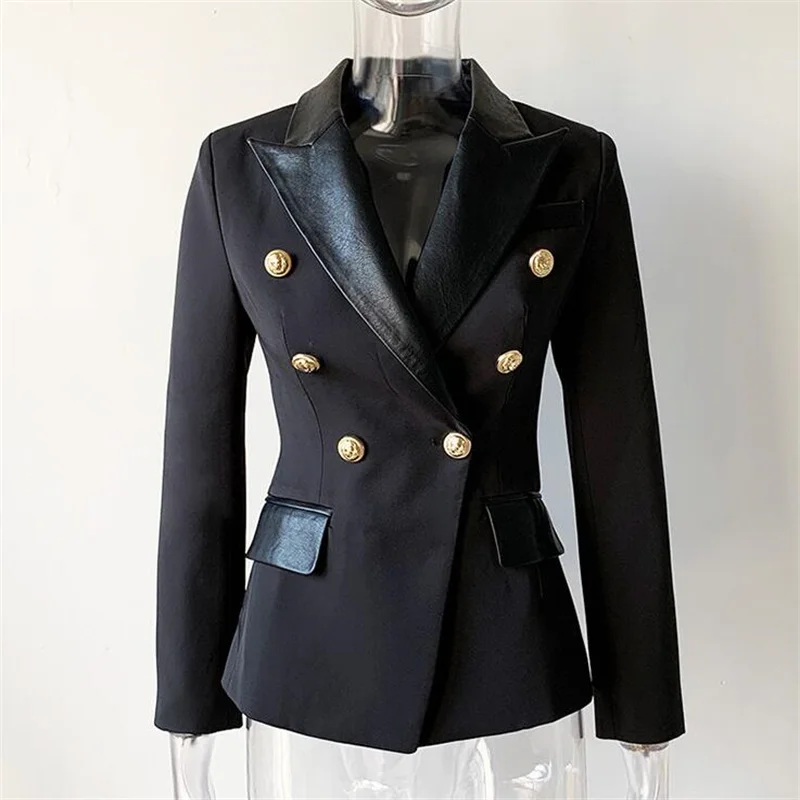 High-quality womens slim suit jacket ladies black double-breasted PU clothes stitching temperament commuting thin European black