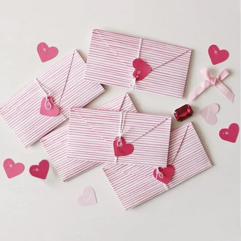 

1pc Romantic Pink Stripe Letter Paper Envelope Love Heart Shape Wedding Party Invitation Card Cover Kawaii Stationery