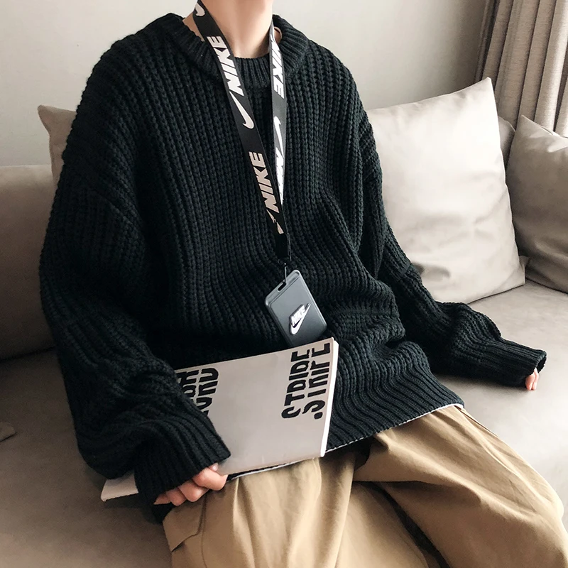 

Мужской вязаный свитер, повседневный однотонный джемпер из грубой шерсти, с круглым вырезом, большого размера, зима 2020