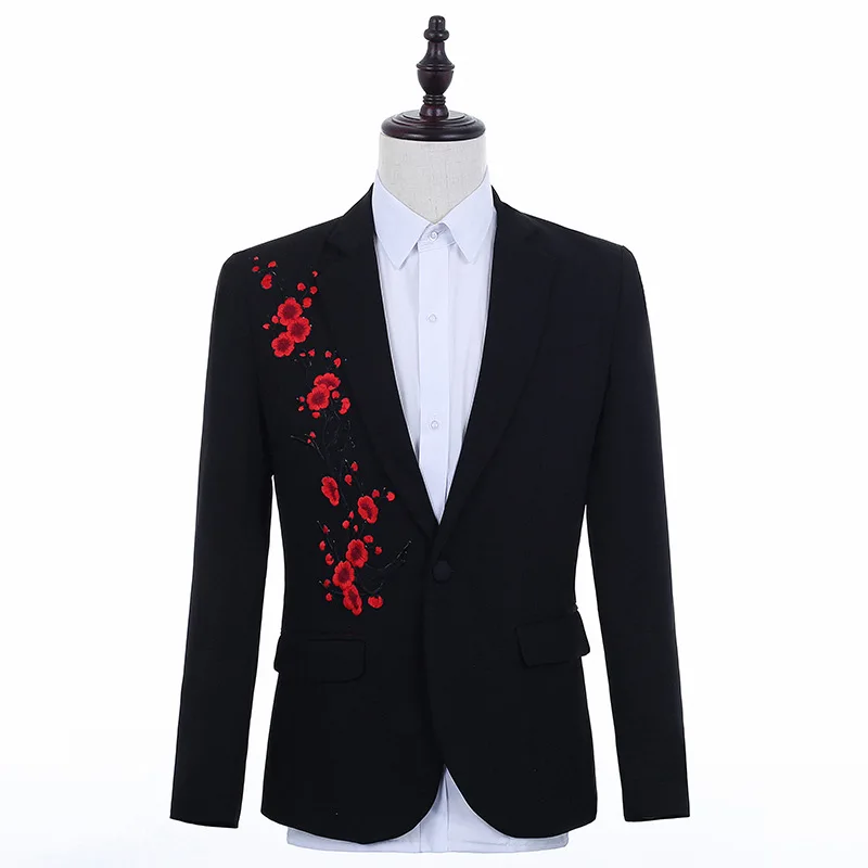 Unique Red Floral Embroidery Pattern Male Business Casual Style Slim Blazer Men's Fashion Wedding Suits Man Presenter Stage Wear