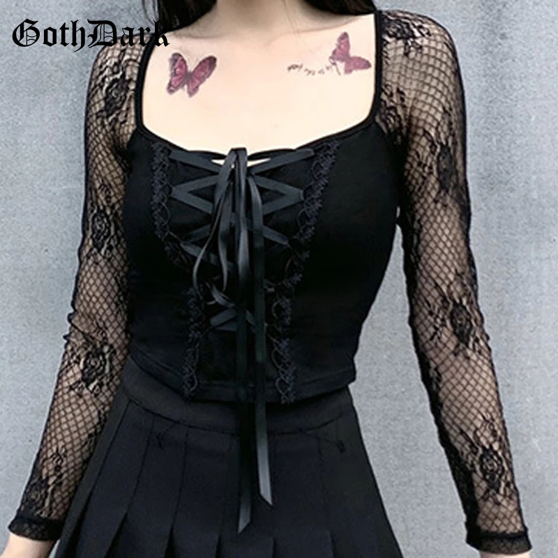 

Goth Dark Lace Patchwork Gothic T-shirts Grunge Bandage Front Black Long Sleeve Crop Tops Women Bodycon Fashion Streetwear 2021
