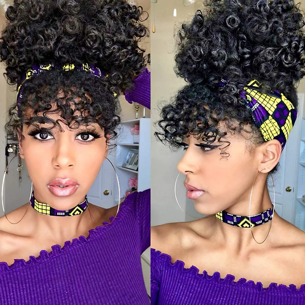 

Afro Puff Ponytail Drawstring with Bangs Synthetic Short Kinky Curly Drawstring Hair Bun Pony Tail for Black Women Clip in Hair