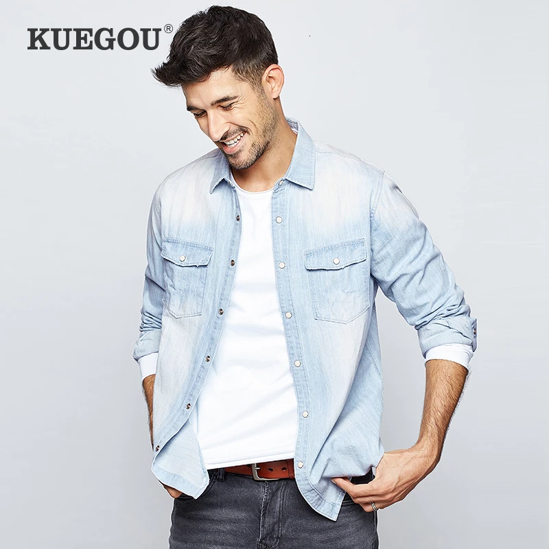 KUEGOU 2019 Осенняя 100% хлопковая джинсовая рубашка с карманами мужская повседневная