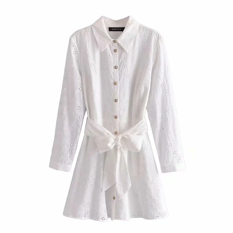 

New Women Vogue With Sashes Embroidery Single Breasted Midi Dress Long Sleeves Lapel Neck Vintage Female Dresses Woman Robe