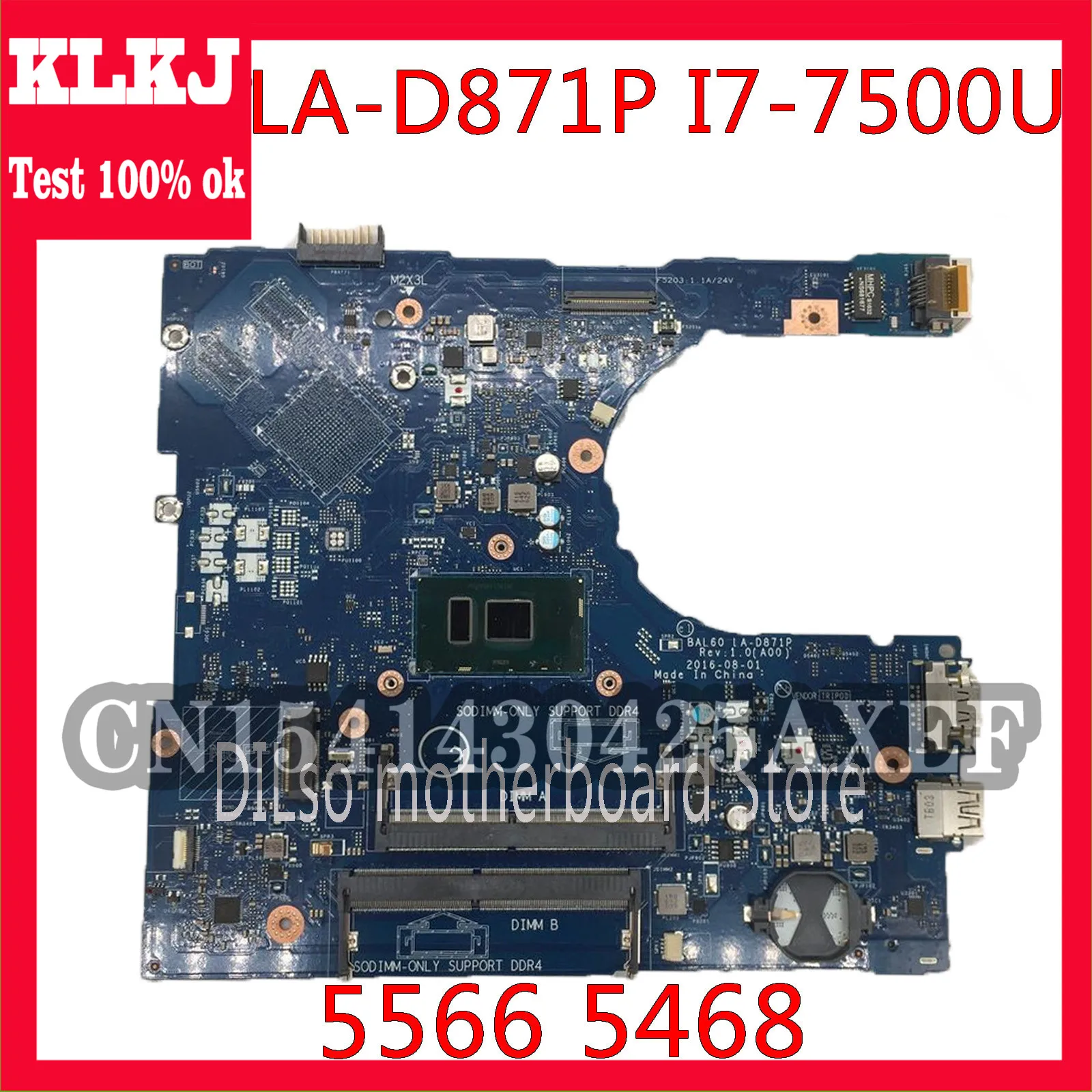 

KLKJ 5566 для DELL 14 5468 5468D 5566 Материнская плата ноутбука BAL60 LA-D871P I7-7500U Процессор 100% Оригинальная работа