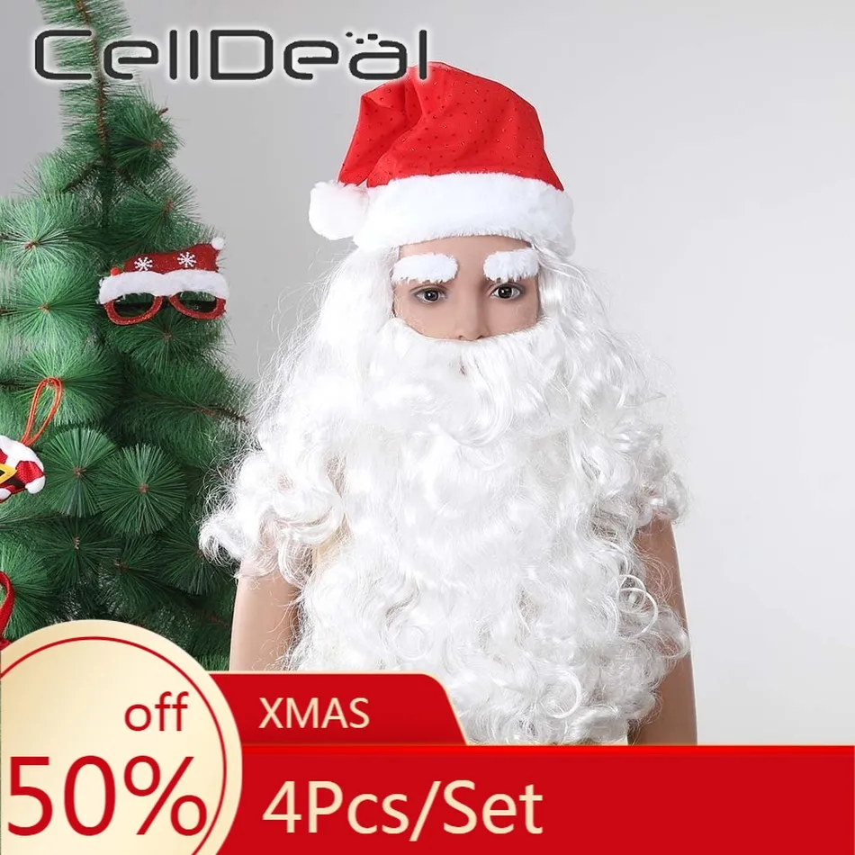 4 шт./компл. белый Дед Мороз искусственное платье костюм волшебник парик и борода