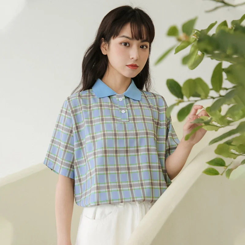 

Polo Khaki Summer New Loose Polo Shirt Short Sleeve Color Matching Plaid T-shirt Female Student Paul Top Ins Fashion