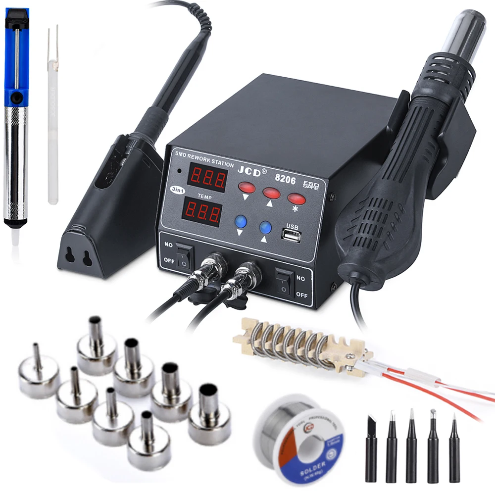 JCD 800W Soldering Station 3 In 1 LCD Digital Welding Rework Station For Cell-phone SMD BGA PCB Repair Tools Solder Iron 8206