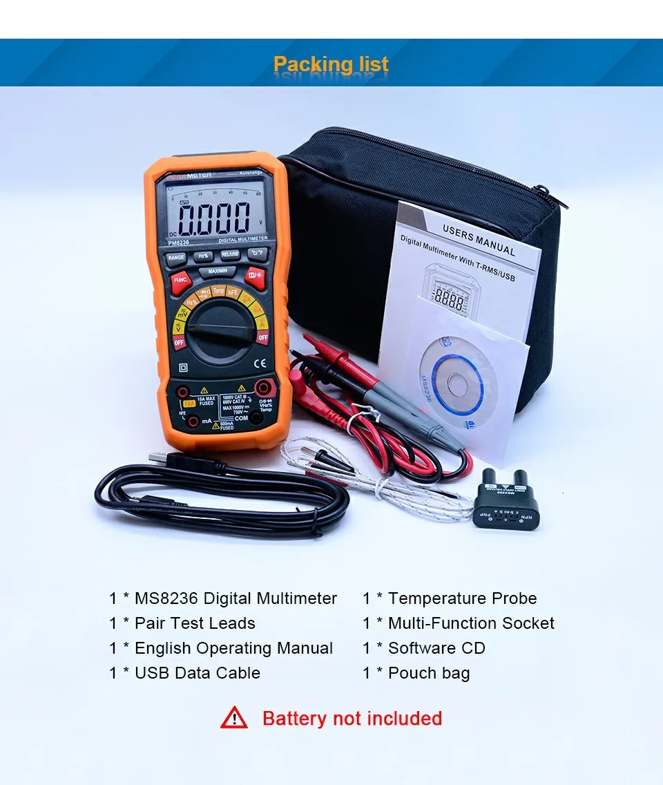 Цифровой мультиметр PEAKMETER PM8236 с автоматическим выключением с тестом температуры и регистратором данных