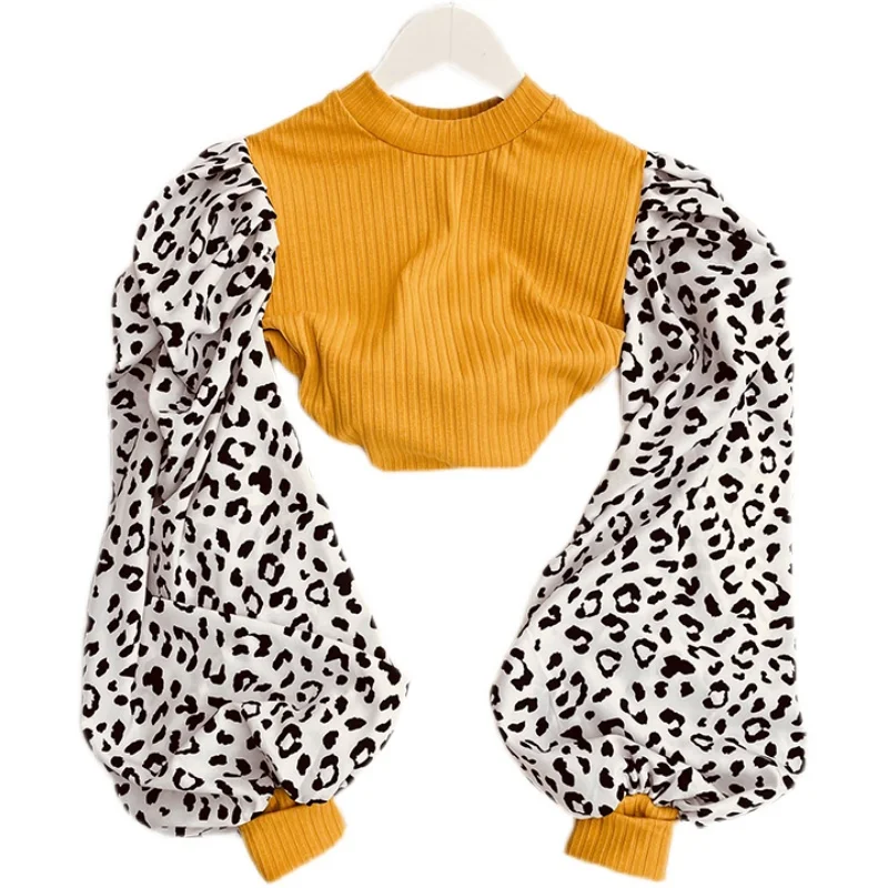 

2021 New Spring Autumn Fashion All-match puff sleeve knitted T-shirt leopard stitching long sleeve T-shirt