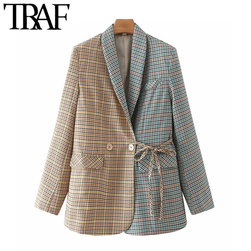 

TRAF Women Fashion With Tied Patchwork Check Blazer Coat Vintage Long Sleeve Flap Pockets Female Outerwear Chic Veste