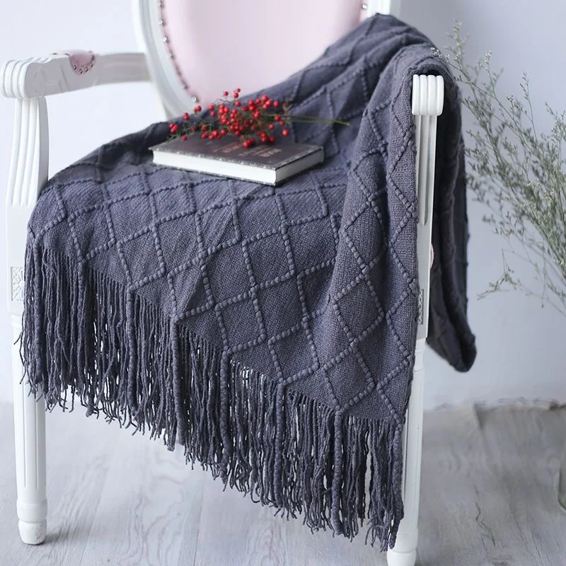 Knitted Throw Travel Blanket Grey Yellow Black Sofa Tassels Air Condition 170x127cm | Дом и сад