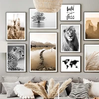 lion leopard reed grass lake tree world map desert wall art print canvas painting nordic poster decor pictures for living room