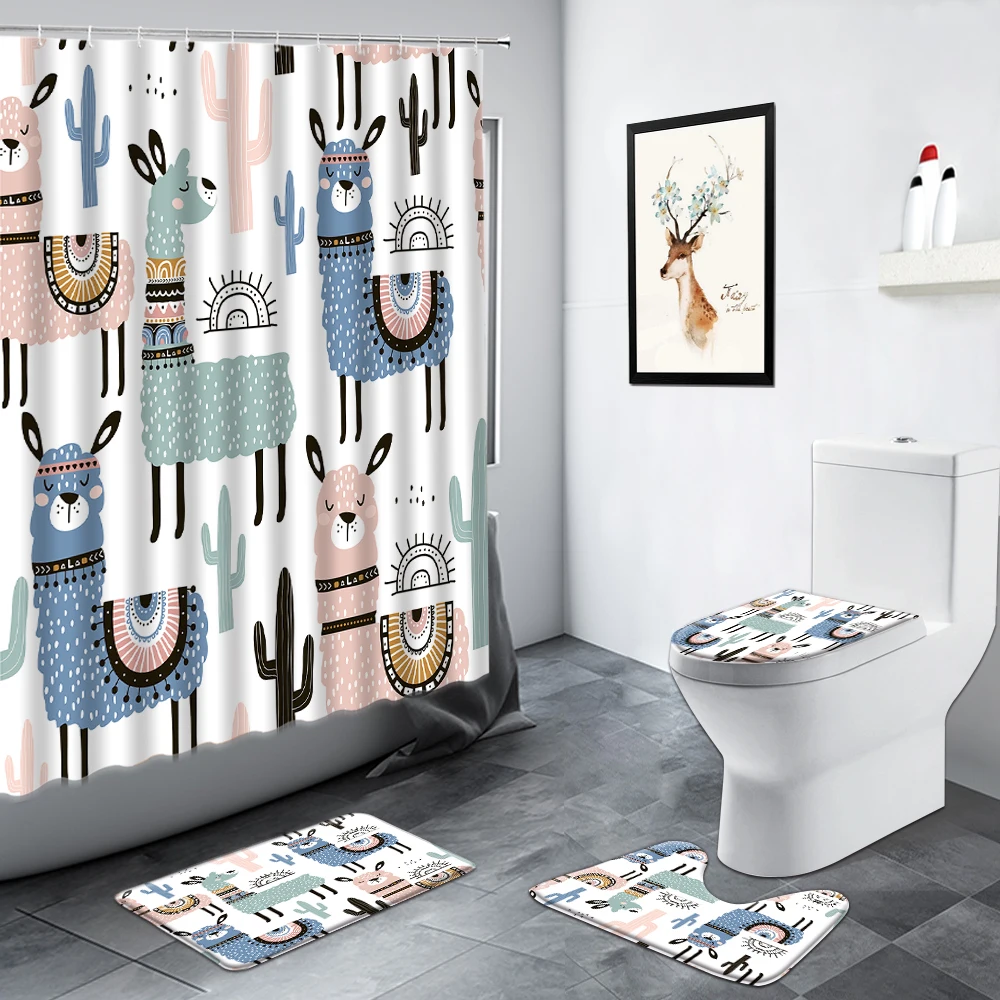 

Cute Cartoon Animals Alpaca Shower Curtain Cactus Hedgehog Fish Pattern Children Bathroom Decor Non-slip Rug Toilet Bath Mat Set