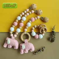baby wooden teether pacifier clip chain beech diy knitted elephant baby nursing rattle food grade silicone beads toy for newborn