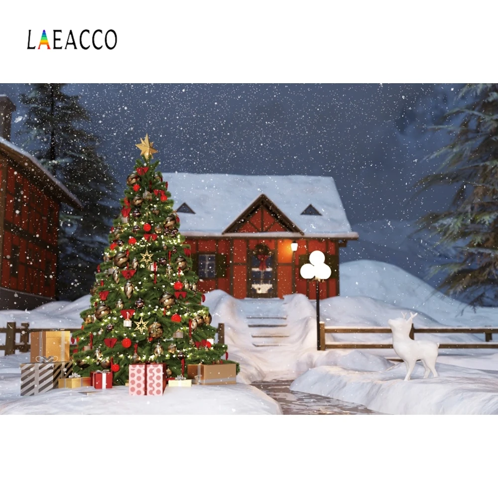 Laeacco зимний фон Рождественская елка подарок олень Дом снег забор фотография с