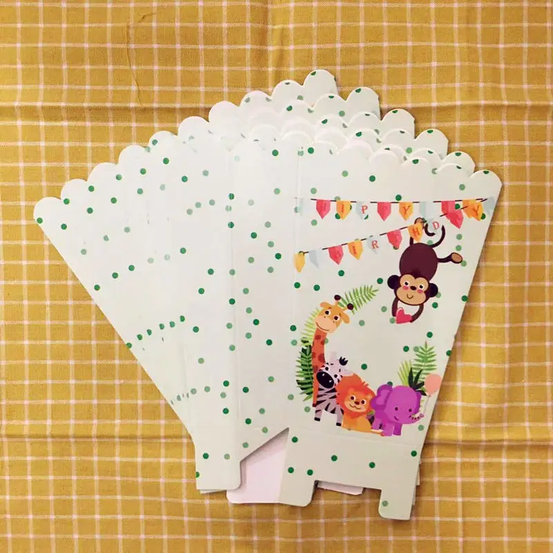 6pcs popcorn boxes Вечерние принадлежности, Мультяшные милые разноцветные джунгли, животные, Одноразовые столовые наборы для детей, для дня рождения, для мальчиков и девочек - Цвет: 6pcs popcorn boxes