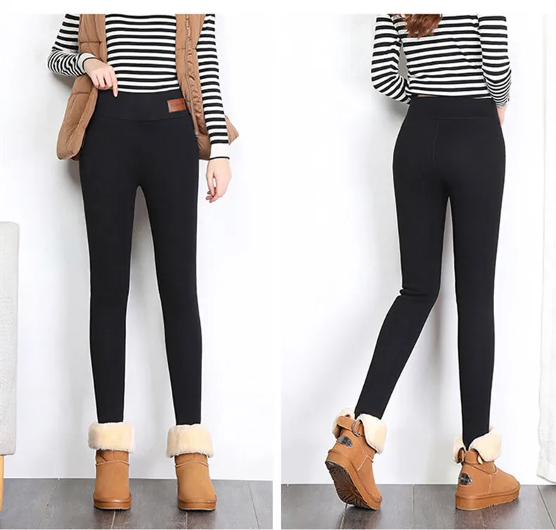 Black warm pants winter skinny thick velvet casual wool fleece Trousers Lambskin Cashmere Pants For Women leggings