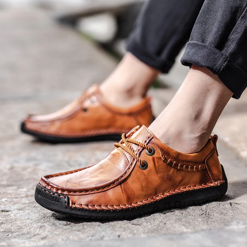 

Brand Men Casual Genuine Leather Shoes Thick Soft Bottom Wear-Resistant Business Shoes Breathable Handmade Comfortable Flats