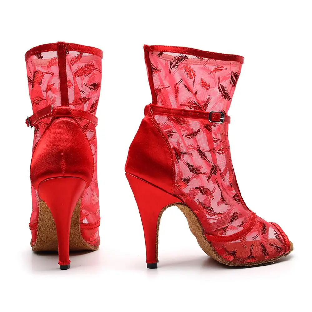 DKZSYIM/женская танцевальная обувь для латинских танцев Красная сетка + перья с