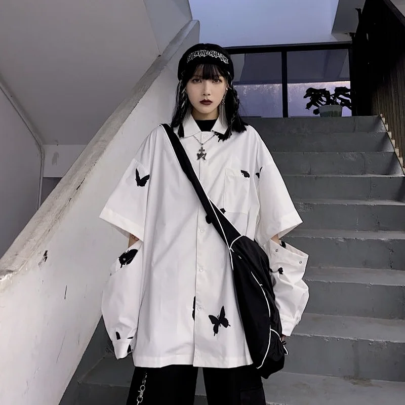 

Butterfly Print Shirts Women Streetwear Oversize Summer Blouse Removable Sleeve Top Harajuku Turn-Down Collar Bf Style Blouses