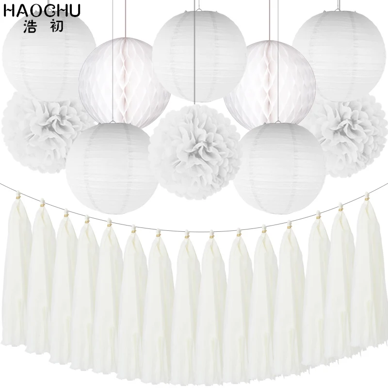 White 25pcs/set Gold White Round Hanging Paper Ball Lanterns Honeycomb Tissue Pom Poms Tassel Birthday Wedding Theme Party Decorations - Цвет: White