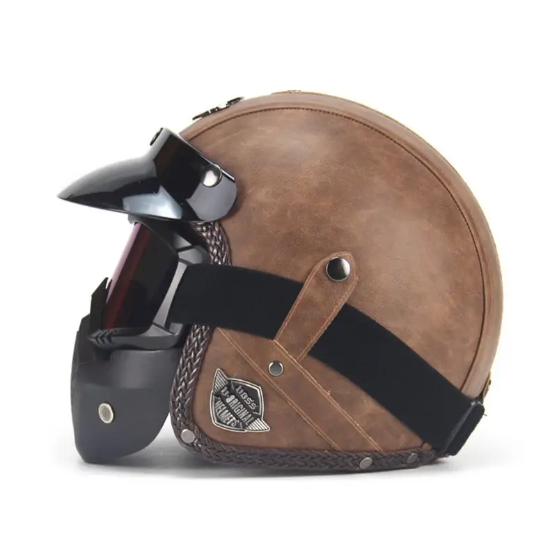 

PU Leather 3/4 Helmets Open Face Vintage Motorcycle Bike Helmet With Goggle Mask W91F