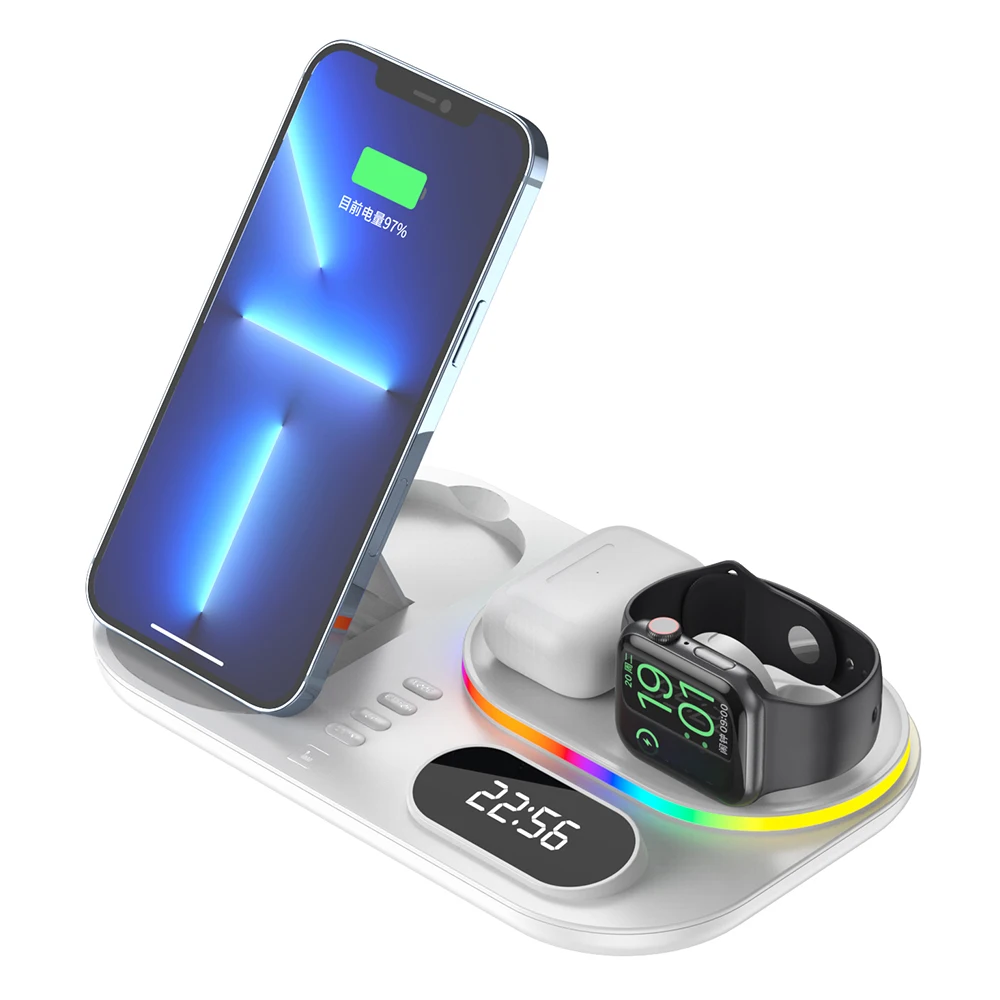 4 in 1 wireless chargers for iphone 13 pro1211xr8 15w qi wireless chaging staion for iwatchairpods 3 with led clock free global shipping