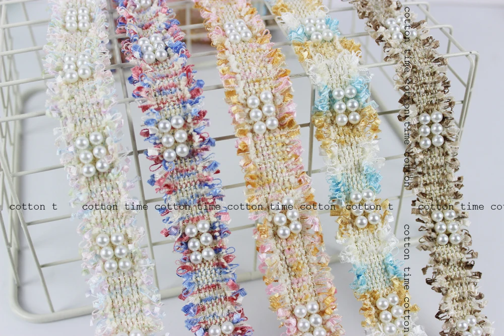 1 yard 3cm Tweed Webbing Pearl Beaded Trim Fabric Ribbon Sewing Handmade DIY Costume Dress Supplies Craft