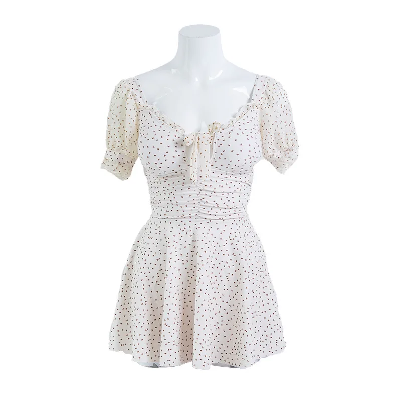 

Women Cover-Up Ruffles Hollow Out Short Sleeve Elastic Bow Dot Swimwear Sweet Cute Girls Cross Strap Bathing Suit Beachwear