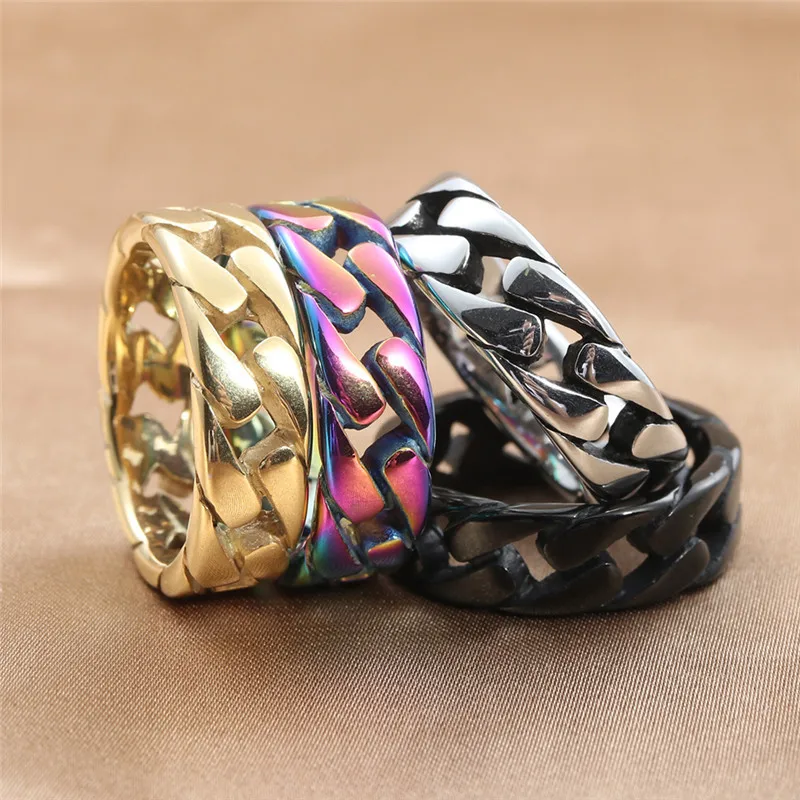

Punk Hip Hop 316L Stainless Steel Cuban Chain Rings For Men Women Fashion Simple Steel/Gold Couple Ring Jewelry Gift Size 5-13
