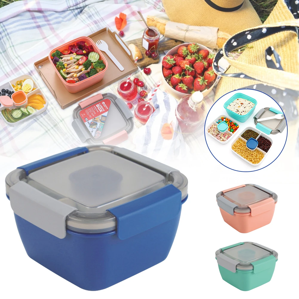 

Random Color Salad Lunch Container 1.5L Salad Bowl 3-Compartment Lunch Box with Dressing Container Fork Airtight Lid Tableware