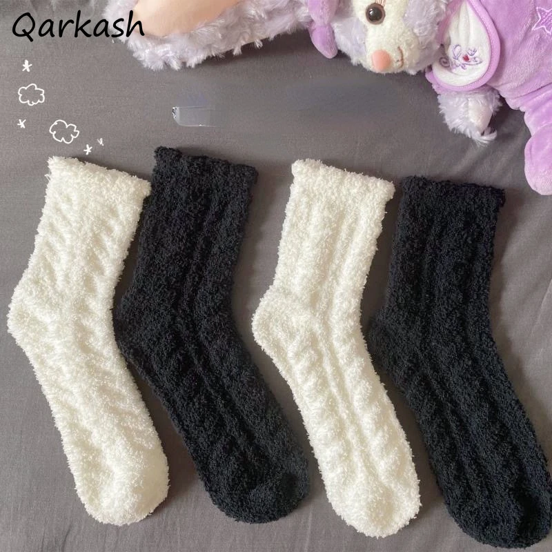 

Socks Women Pure Color Simple Japan Style Sweet Thick Warm All-match Basic Casual Chic Kawaii Femme Students Mujer Winter Ins