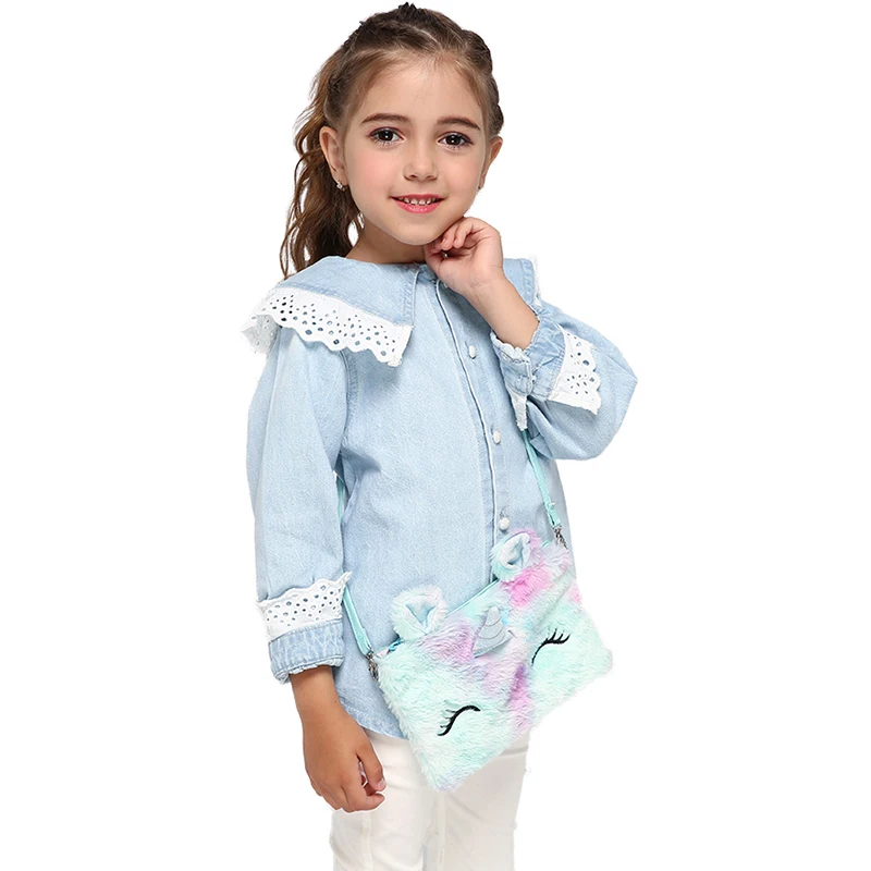 Девушка Радуга мех Единорог сумка квадратный ремень молния лоскут кошелек дети